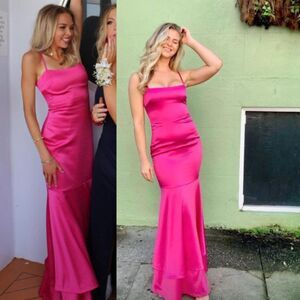New Likely Aurora Gown Spaghetti Strap Tiered Maxi Dress Fuchsia Pink Satin 8